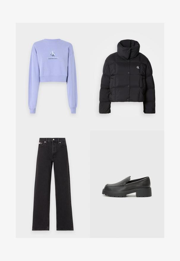 Black puffer jacket with a cropped design, high collar, and button closure. Made from glossy, insulated material featuring quilted sections.; Lilac cropped sweatshirt made of soft fabric with long sleeves, ribbed neckline, and embroidered logo detailing on the front.; Black wide-leg jeans made of denim, featuring a high-rise waist, five-pocket styling, and a metal button closure with contrasting stitching.; Black leather loafers with a rounded toe, thick textured sole, and minimal stitching details. Sleek design with no visible laces or hardware.