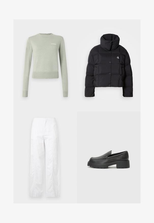 Crna puffer jakna s krojenjem na visini struka, visokim ovratnikom i kopčanjem na dugmad. Izrađena od sjajnog, izoliranog materijala s četvrtastim sekcijama.; Svijetlozeleni pleteni pulover s dugim rukavima, okruglim izrezom i rebrastim manžetama i rubom. Ima bijeli izvezeni logo na prsima.; Bijele široke hlače od laganog materijala, s glatkom teksturom, čistim linijama i visokim strukom.; Crne kožne loaferice s zaobljenim vrhom, debelim teksturiranim potplatom i minimalnim detaljima šivanja. Elegantna izrada bez vidljivih vezica ili metalnih elemenata.