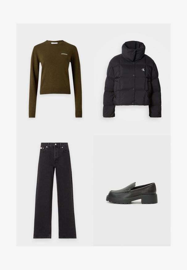 Zwarte pufferjack met een cropped ontwerp, hoge kraag en knoopsluiting. Gemaakt van glanzend, geïsoleerd materiaal met gestikte secties.; Olijfgroene, longsleeve trui met een geribbelde ronde hals en zoom. Voorzien van subtiele witte "2ND DAY" borduursels op de borst. Zachte textuur.; Zwarte wijde spijkerbroeken van denim, met een hoge taille, vijf-pocket stijl en een metalen knoopsluiting met contrasterende stiksels.; Zwarte leren instappers met een ronde neus, dikke getextureerde zool en minimale stikseldetails. Strak ontwerp zonder zichtbare veters of hardware.