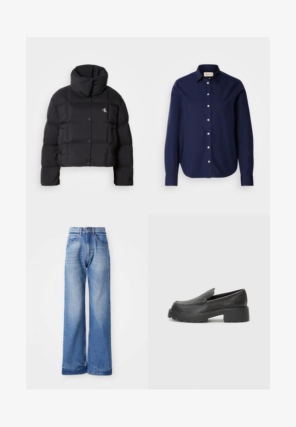 Chaqueta de plumas negra con un diseño corto, cuello alto y cierre de botones. Fabricada con material brillante e insulated que presenta secciones acolchadas.; Camisa de manga larga azul marino hecha de algodón, con cuello puntiagudo, botones blancos y un logo sutil en el pecho. Textura lisa.; Jeans de tiro alto, de mezclilla, de pierna ancha y color azul claro, con cinco bolsillos y sutiles marcas de desgaste en la parte frontal para agregar textura.; Mocasines de piel negra con punta redondeada, suela texturizada gruesa y mínimos detalles de costura. Diseño elegante sin cordones o herrajes visibles.