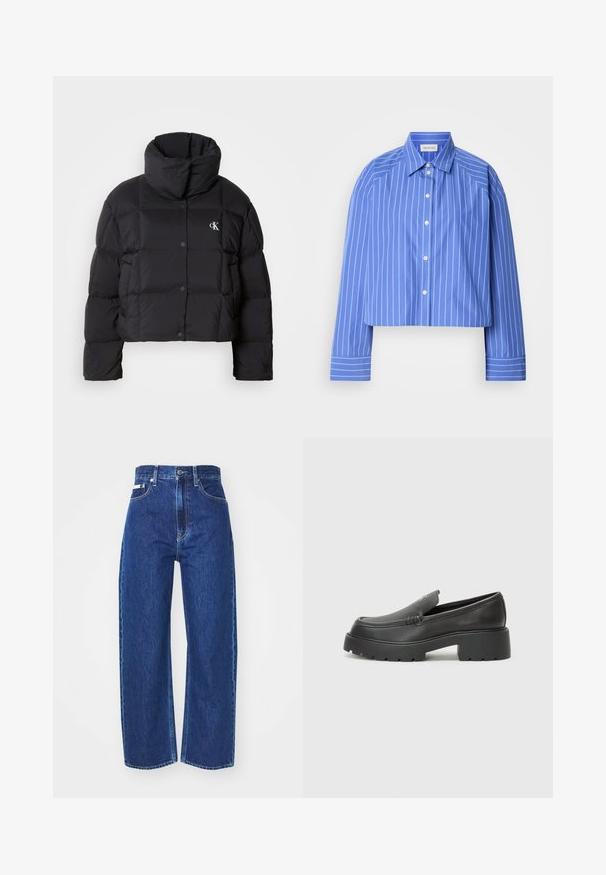 Crna puffer jakna s krojenjem na visini struka, visokim ovratnikom i kopčanjem na dugmad. Izrađena od sjajnog, izoliranog materijala s četvrtastim sekcijama.; Skraćena plava košulja s uspravnim bijelim prugama, klasičnim ovratnikom, dugim rukavima i dugmadi sprijeda; izrađena od glatkog, laganog materijala.; Traperice tamnoplave boje sa ravnim nogavicama, visokim strukom, prednjim džepovima i metalnim kopčanjem. Tekstilna tkanina s vidljivim šavovima.; Crne kožne loaferice s zaobljenim vrhom, debelim teksturiranim potplatom i minimalnim detaljima šivanja. Elegantna izrada bez vidljivih vezica ili metalnih elemenata.