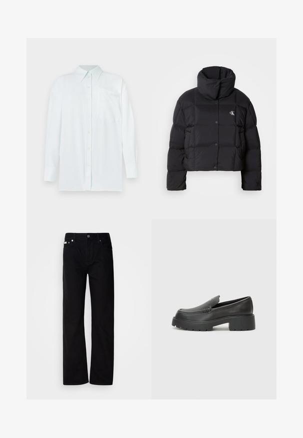 Fekete puffertáska, rövidített fazonnal, magas gallérral és gombos záródással. Fényes, szigetelt anyagból készült, steppelt részekkel.; Világoskék, galléros, hosszú ujjú ing, mellzsebből áll. Az anyag simának tűnik, finom textúrával; sárga gombokkal rendelkezik.; Fekete farmer egyenes fazonú nadrág öt zsebbel, ezüst szegecsekkel és gombos zárással. Az anyaga sima, enyhén texturált felületű.; Fekete bőr loafer cipők kerek orral, vastag, texturált talppal és minimális varrási részletekkel. Áramvonalas dizájn, látható fűzők vagy fém részek nélkül.