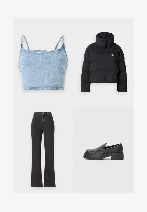 Čierna puff jacket s krátkym strihom, vysokým golierom a zapínaním na gombíky. Vyrobená z lesklého, izolačného materiálu so prešívanými sekciami.; Svetlomodrý denimový crop top s tenkými nastaviteľnými ramienkami, s predným zipsom a hladkou textúrou, navrhnutý pre obopnutý vzhľad.; Čierne džíny s vysokým pásom a rozšírenými nohavicami vyrobené z denimu, s gombíkovým zapínaním, pútkami na opasok a bočnými vreckami. Hladká textúra s minimálnym ošúchaním.; Čierne kožené mokasíny s okrúhlou špičkou, hrubou textúrovanou podrážkou a minimom stehovej výzdoby. Štíhly dizajn bez viditeľných šnúr alebo kovania.