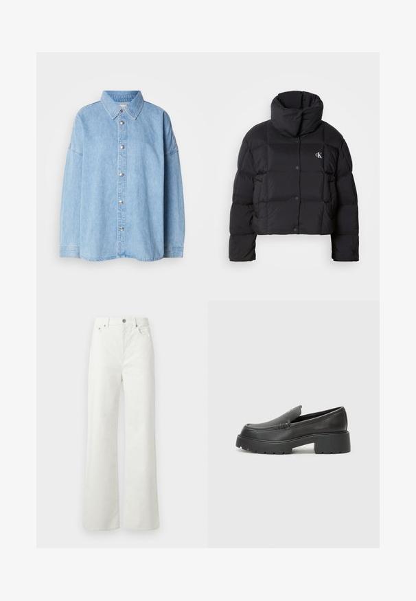 Schwarze Pufferjacke mit einem cropped Design, hohem Kragen und Knopfverschluss. Hergestellt aus glänzendem, isoliertem Material mit gesteppte Abschnitten.; Helles blaues Denim-Hemd mit Druckknopfverschluss, umschlagbarem Kragen und langen Ärmeln, ausgestattet mit Metallknöpfen und einem lockeren Schnitt.; Samsøe Samsøe SHELLY - Jeans Relaxed Fit - clear cream; Schwarze Lederloafer mit einer abgerundeten Spitze, dicker strukturierten Laufsohle und minimalen Nähten. Schlankes Design ohne sichtbare Schnürsenkel oder Beschläge.