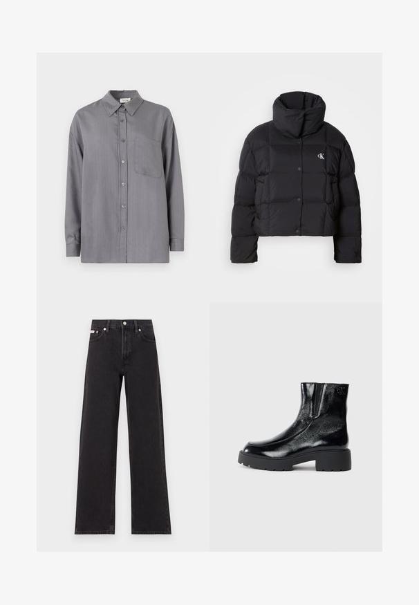 Casaco puffer preto com um design cropped, gola alta e fecho de botão. Feito de material brilhante e isolante, apresentando seções acolchoadas.; Camisa cinza abotoada com colarinho, mangas longas, um bolso no peito e finas riscas verticais rosas. Textura de tecido suave.; Jeans de perna larga pretos feitos de denim, apresentando uma cintura alta, estilo de cinco bolsos e um fecho em botão de metal com costura contrastante.; Botas de tornozelo pretas com acabamento em pele envernizada brilhante, sola de borracha preta robusta e salto elevado; inclui um detalhe discreto do logótipo na lateral.