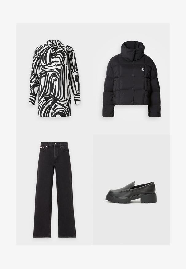 Fekete puffertáska, rövidített fazonnal, magas gallérral és gombos záródással. Fényes, szigetelt anyagból készült, steppelt részekkel.; Fekete-fehér ing, merész, absztrakt csíkos mintával; galléros kialakítás, gombos elöl, hosszú ujjakkal. Simogató anyagminőség.; Fekete, bőszárú farmernadrág, magas derekú, öt zsebes kialakítással és fém gombos záródással, kontrasztos varrással.; Fekete bőr loafer cipők kerek orral, vastag, texturált talppal és minimális varrási részletekkel. Áramvonalas dizájn, látható fűzők vagy fém részek nélkül.