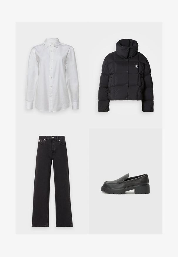 Fekete puffertáska, rövidített fazonnal, magas gallérral és gombos záródással. Fényes, szigetelt anyagból készült, steppelt részekkel.; Fehér, hosszú ujjú pamut ing. Hegyes gallérral és gombos elülső résszel rendelkezik, az inghez illő gombokkal. Simább textúra.; Fekete, bőszárú farmernadrág, magas derekú, öt zsebes kialakítással és fém gombos záródással, kontrasztos varrással.; Fekete bőr loafer cipők kerek orral, vastag, texturált talppal és minimális varrási részletekkel. Áramvonalas dizájn, látható fűzők vagy fém részek nélkül.