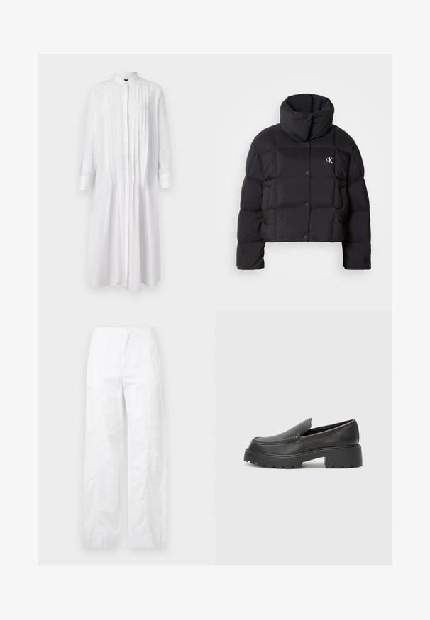 Must zwart puffer jope, mille disainiga, kõrge kaelusega ja nööpidega kinni. Valmistatud läikivast, soojust liikuvast materjalist, millel on äraotatud sektsioonid.; Valge pika varruga kraega Kleid, millel on volditud esiosa detail ja nööbist sulgemine, valmistatud siledast kangast. Minimalistlik disain.; Valged laiad püksid, mis on valmistatud kergetest materjalidest, omades siledat tekstuuri, puhtaid jooni ja kõrget vöökohta.; Mustad nahast loafers ümarate varvastega, paksu tekstuuriga tald ja minimaalsete õmbluse detailidega. Viimistletud disain, kus pole nähtavaid paelu ega riistu.
