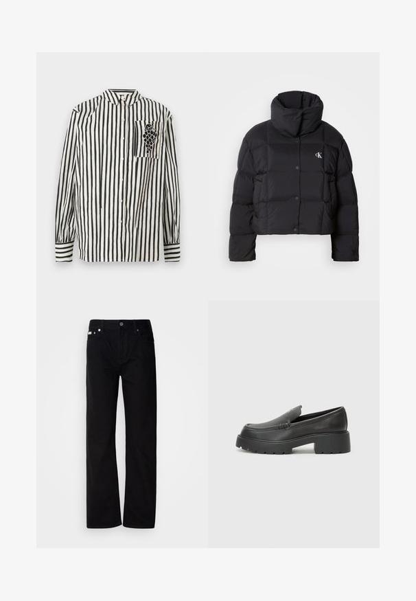 Must zwart puffer jope, mille disainiga, kõrge kaelusega ja nööpidega kinni. Valmistatud läikivast, soojust liikuvast materjalist, millel on äraotatud sektsioonid.; Mustrite triibuline särk mustvalgete ridadega, nööbiga krae, pikad varrukad ja vasakul rinnal tasku viinamarjakujutisega. Puuvillane materjal.; Mustad teksased sirge jala ja viie taskuga, hõbedaste neetide ja nupu sulgemisega. Kanga pind on sile, kerge tekstuuriga.; Mustad nahast loafers ümarate varvastega, paksu tekstuuriga tald ja minimaalsete õmbluse detailidega. Viimistletud disain, kus pole nähtavaid paelu ega riistu.