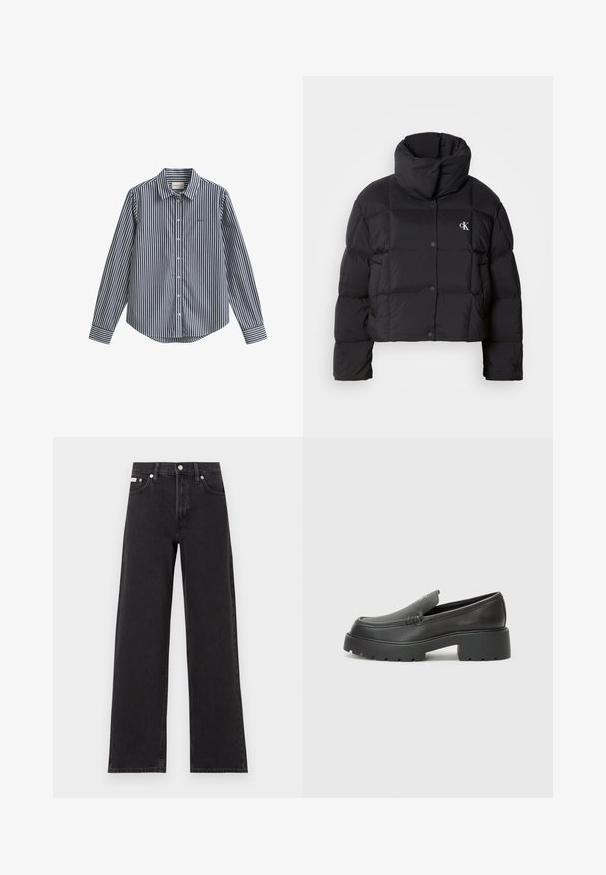 Must zwart puffer jope, mille disainiga, kõrge kaelusega ja nööpidega kinni. Valmistatud läikivast, soojust liikuvast materjalist, millel on äraotatud sektsioonid.; Tumesinise ja valge triibuline nööbitav särk krae, pikkade varrukatega ja ümarate servadega. Rinnal on väike logo.; Mustad laiad mustad teksad, millel on kõrge vöökoht, viie tasku stiil ja metallist nööpkinnitus kontrastsete õmblustega.; Mustad nahast loafers ümarate varvastega, paksu tekstuuriga tald ja minimaalsete õmbluse detailidega. Viimistletud disain, kus pole nähtavaid paelu ega riistu.