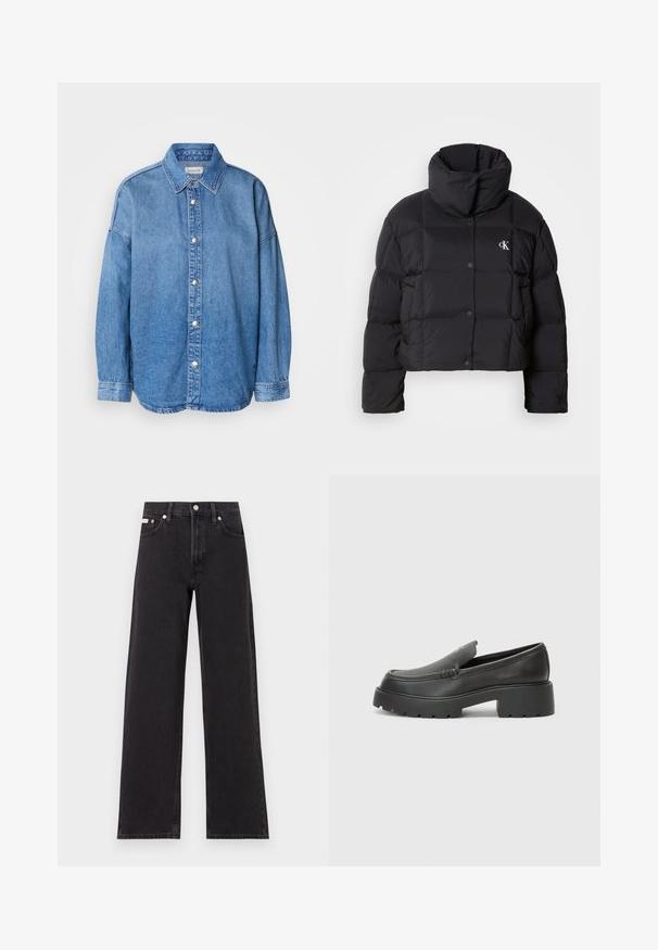 Schwarze Pufferjacke mit einem cropped Design, hohem Kragen und Knopfverschluss. Hergestellt aus glänzendem, isoliertem Material mit gesteppte Abschnitten.; Helles blaues Jeanshemd mit kragen, langen Ärmeln und silbernen Knöpfen, zentriert auf einem weißen Hintergrund.; Schwarze weit geschnittene Jeans aus Denim mit einem hoch sitzenden Bund, fünf Taschen und einem Metallknopfverschluss mit kontrastierendem Nähte.; Schwarze Lederloafer mit einer abgerundeten Spitze, dicker strukturierten Laufsohle und minimalen Nähten. Schlankes Design ohne sichtbare Schnürsenkel oder Beschläge.