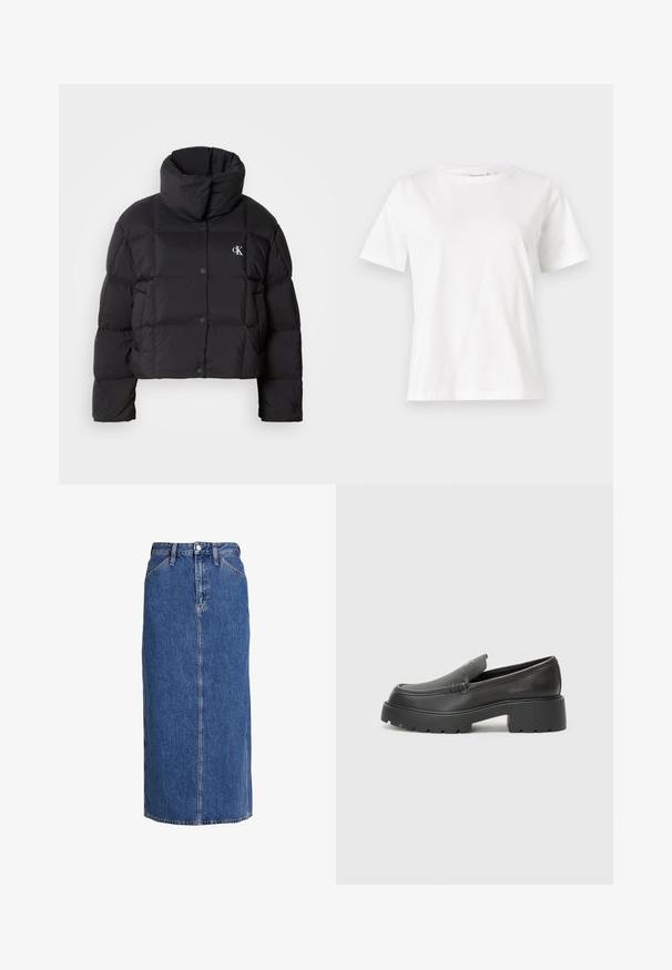 Černá péřová bunda s krátkým střihem, vysokým límcem a zapínáním na knoflíky. Vyrobena z lesklého, izolačního materiálu s prošívanými částmi.; Bílý bavlněný tričko s krátkým rukávem, kulatým výstřihem a volnějším střihem. Hladká textura, bez vzorů nebo akcentů, minimalistický design.; Džínová midi sukně ve středně modré barvě s rovného střihu, předním zapínáním na knoflíky, dvěma bočními kapsami a viditelným švem pro texturu.; Černé kožené mokasíny s okrouhlou špičkou, silnou strukturovanou podrážkou a minimálními detaily šití. Elegantní design bez viditelných tkaniček nebo kovových prvků.