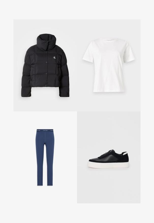 Juodas pūkinis švarkas su trumpu dizainu, aukštu apykakle ir mygtukų uždarymu. Pagamintas iš blizgios, šiltos medžiagos, turinčios siūtas dalis.; Balta medvilninė marškinėliai trumpomis rankovėmis, su apvalia iškirpte ir laisvu siluetu. Lygi tekstūra, be raštų ar akcentų, minimalistinis dizainas.; Tamsiai mėlynos leginsai, pagaminti iš elastingos medžiagos, su lygiu paviršiumi ir elastingu juosmeniu, ant kurio yra atspaudas su Calvin Klein logotipu.; Juodi sportbačiai su lygiu oda ir zomšinėmis detalėmis, plokščiomis raišteliais, apvaliu walko ir balta guma iš baze. Išskirtinė logotipas ant kulno.