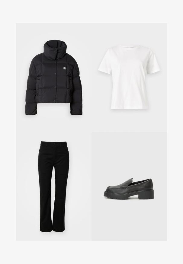 Svart puffy-jacka med en cropped design, hög krage och knappstängning. Tillverkad av glänsande, isolerat material med quiltade sektioner.; Vit bomullströja med korta ärmar, rund halsringning och en avslappnad passform. Slät textur, inga mönster eller detaljer, minimalistisk design.; Svarta bomullsbyxor med rak bendesign, som har en framknäppning med knapp, bältesömmar och två sidofickor. Slät textur.; Svarta läderloafers med rund tå, tjockt strukturerat såle och minimala sömnadsdetaljer. Snygg design utan synliga snören eller beslag.