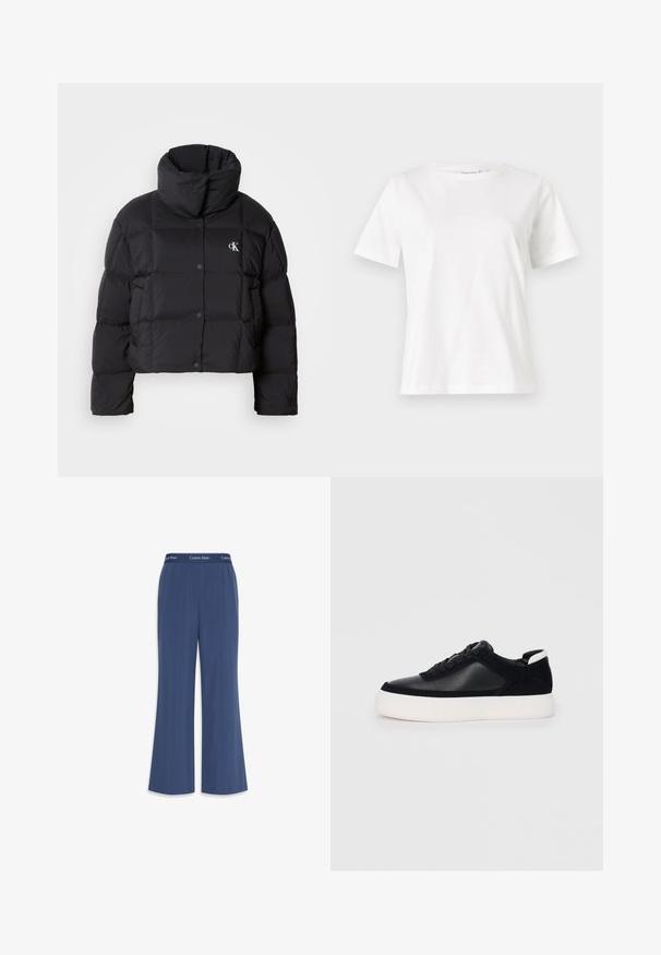 Black puffer jacket with a cropped design, high collar, and button closure. Made from glossy, insulated material featuring quilted sections.; White cotton t-shirt with short sleeves, round neckline, and a relaxed fit. Smooth texture, no patterns or accents, minimalistic design.; Navy wide-leg pants made of soft fabric with a smooth texture. Features an elastic waistband with "Calvin Klein" logo along the top.; Black sneaker with smooth leather and suede panels, flat laces, rounded toe, and a white rubber sole. Distinct logo on the heel.
