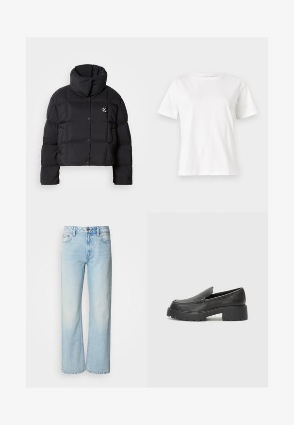 Casaco puffer preto com um design cropped, gola alta e fecho de botão. Feito de material brilhante e isolante, apresentando seções acolchoadas.; T-shirt de algodão branco com mangas curtas, decote redondo e um corte descontraído. Textura suave, sem padrões ou detalhes, design minimalista.; Jeans de perna larga de um azul claro, feitos de denim, apresentando um design clássico de cinco bolsos e uma textura desbotada subtil. As costuras de denim são visíveis.; Mocassins de couro preto com bico arredondado, sola espessa e texturizada, e detalhes de costura minimalistas. Design elegante sem atacadores ou ferragens visíveis.