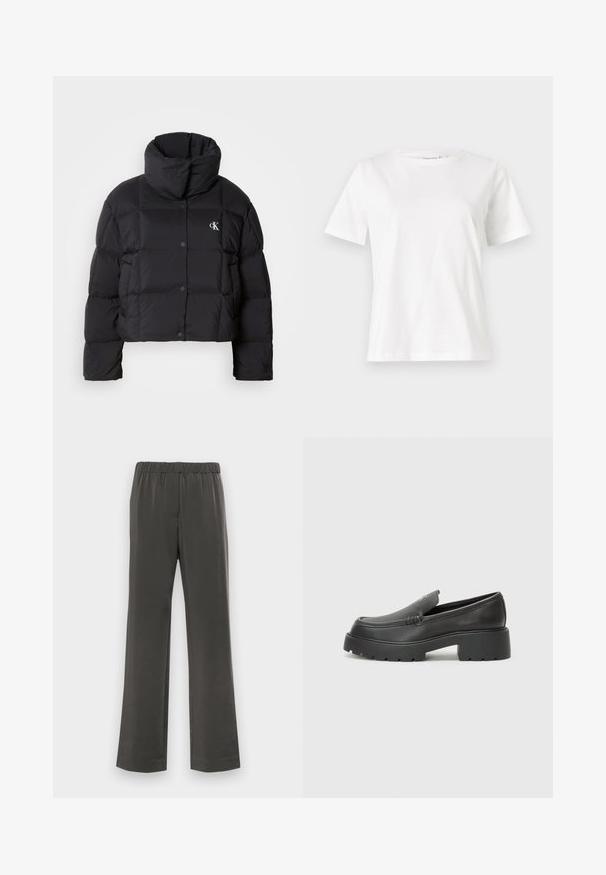 Črn napihnjen jakna s skrajšanim dizajnom, visokim ovratnikom in gumbnim zapiranjem. Narejena iz sijajnega, toplega materiala z oblečenimi odseki.; Bela bombažna majica s kratkimi rokavi, okroglo izrezana in ohlapnega kroja. Gladka tekstura, brez vzorcev ali dodatkov, minimalističen dizajn.; Temno sivi hlače širokih nogavic z elastičnim pasom, izdelane iz gladkega materiala. Brez žepov; preprost, neokrašen dizajn.; Črne usnjene loafers čevlje z zaobljenim nosom, debelim teksturiranim podplatom in minimalnimi šivi. Elegantna zasnova brez vidnih vezalk ali kovinskih delov.