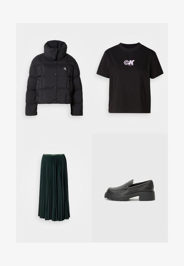 Zwarte pufferjack met een cropped ontwerp, hoge kraag en knoopsluiting. Gemaakt van glanzend, geïsoleerd materiaal met gestikte secties.; Zwarte katoen t-shirt met een ronde halslijn en korte mouwen. Heeft een wit en roze "CK" logo op de bovenste linkerborst.; Lange, geplooide rok in donkergroen met een brede tailleband met de merknaam "LACOSTE" in contrasterende groene letters.; Zwarte leren instappers met een ronde neus, dikke getextureerde zool en minimale stikseldetails. Strak ontwerp zonder zichtbare veters of hardware.