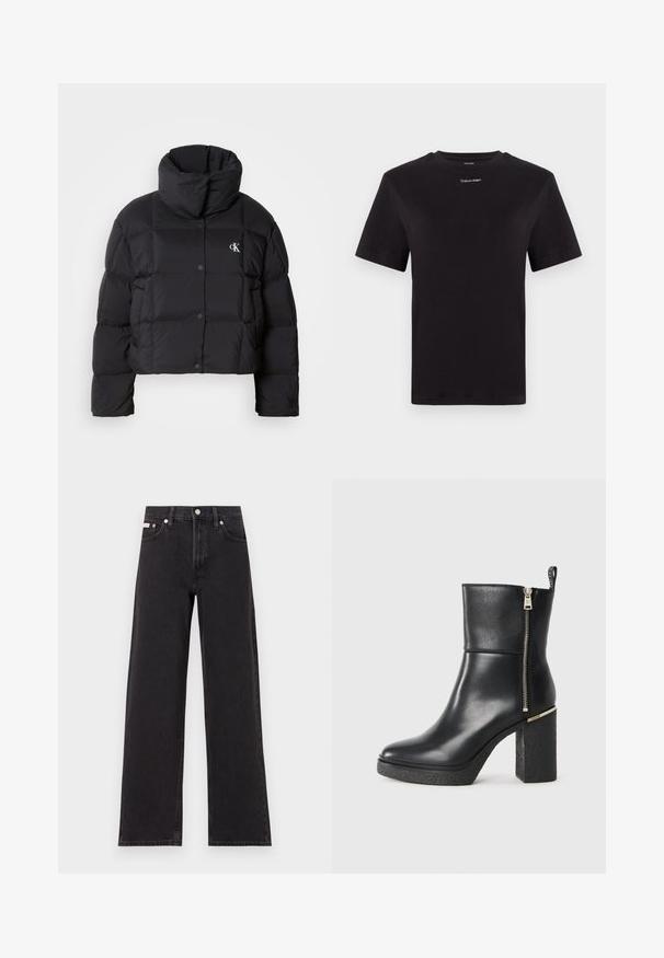 Črn napihnjen jakna s skrajšanim dizajnom, visokim ovratnikom in gumbnim zapiranjem. Narejena iz sijajnega, toplega materiala z oblečenimi odseki.; Črna bombažna majica s kratkimi rokavi, okroglim izrezom in majhnim belim logotipom "Calvin Klein" na prsih. Gladka tekstura, klasičen kroj.; Črne široke jeans hlače iz denima, s poudarjenim pasom, petimi žepi in kovinskim gumbom za zapiranje ter kontrastnim šivanjem.; Črne gležnjarje, izdelane iz gladkega usnja, z božnim zadrgo in teksturiranim blokastim peto. Enostavna zasnova za obuvanje z zaobljenim prstom.