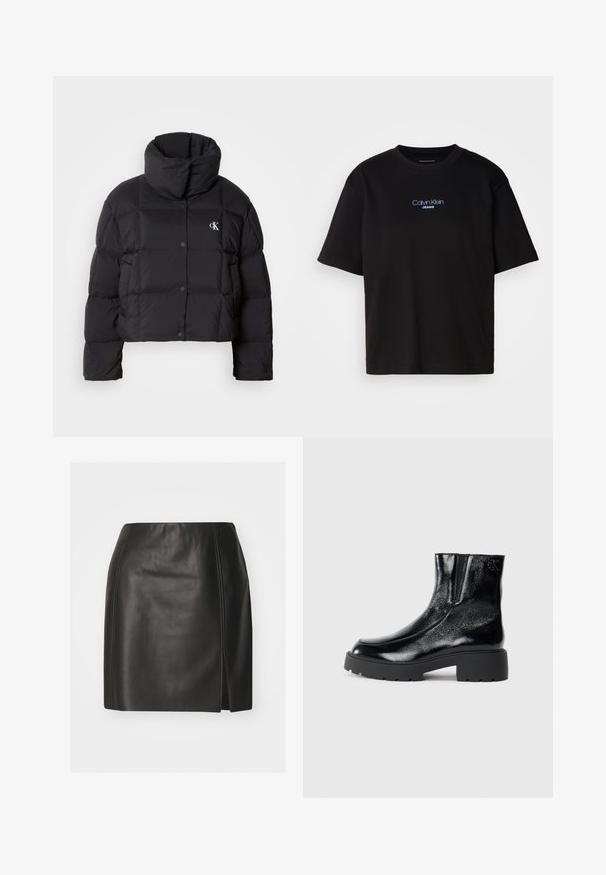 Černá péřová bunda s krátkým střihem, vysokým límcem a zapínáním na knoflíky. Vyrobena z lesklého, izolačního materiálu s prošívanými částmi.; Černé bavlněné tričko s kulatým výstřihem a krátkými rukávy, s modrou vyšitou nášivkou "Calvin Klein JEANS" na přední straně.; Černá kožená mini sukně s přiléhavým střihem, hladkou texturou, bočním rozparkem a kontrastním šitím na švech.; Černé kotníkové boty s lesklým lakovaným povrchem, robustní černou gumovou podešví a zvýšeným podpatkem; obsahují jemný logo detail na boku.