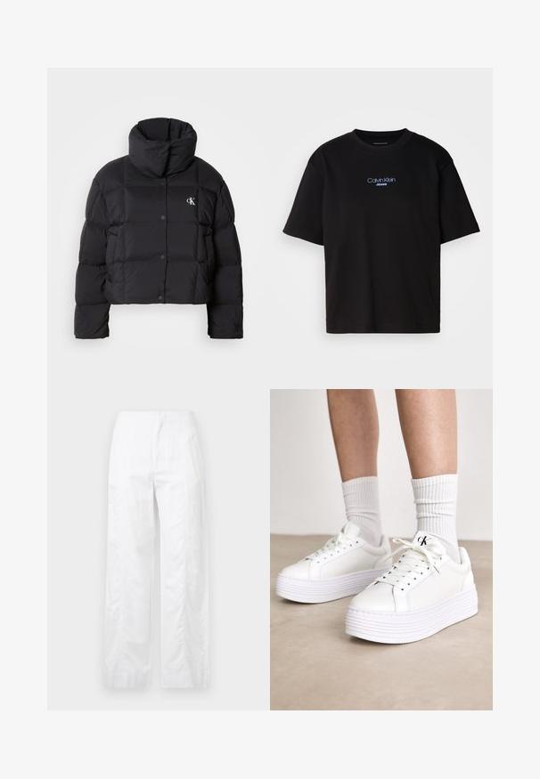 Giacca piumino nera con un design cropped, colletto alto e chiusura con bottoni. Realizzata in materiale lucido e isolato con sezioni trapuntate.; T-shirt nera in cotone con colletto rotondo, maniche corte e logo ricamato blu "Calvin Klein JEANS" sul davanti.; Pantaloni bianchi a gamba larga realizzati in tessuto leggero, con una texture liscia, linee pulite e un design a vita alta.; Sneakers platform bianche realizzate in pelle liscia, con una spessa suola bianca dotata di righe orizzontali e design con lacci. Dettaglio del logo nero.