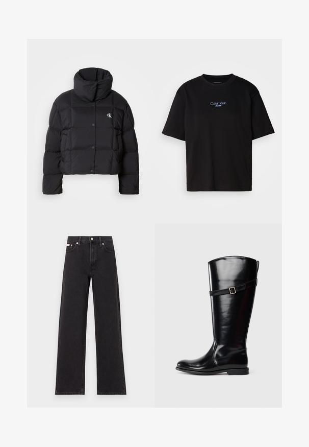 Casaco puffer preto com um design cropped, gola alta e fecho de botão. Feito de material brilhante e isolante, apresentando seções acolchoadas.; T-shirt preta de algodão com gola redonda, mangas curtas e logo bordado azul "Calvin Klein JEANS" na parte da frente.; Jeans de perna larga pretos feitos de denim, apresentando uma cintura alta, estilo de cinco bolsos e um fecho em botão de metal com costura contrastante.; Bota alta em couro preto com salto baixo e tira decorativa com fivela prateada na parte superior da panturrilha.