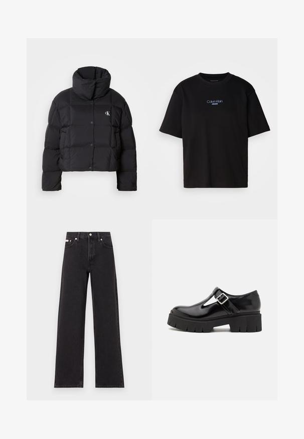 Czarna kurtka puchowa o kroju cropped, z wysokim kołnierzem i zapięciem na guziki. Wykonana z błyszczącego, izolowanego materiału z pikowanymi sekcjami.; Czarna bawełniana koszulka z okrągłym dekoltem, krótkimi rękawami i niebieskim haftowanym logo "Calvin Klein JEANS" z przodu.; Czarne dżinsy o szerokich nogawkach, wykonane z denimu, z wysokim stanem, pięcioma kieszeniami oraz metalowym zapięciem z kontrastowym szwem.; HUGO KRIS czarny