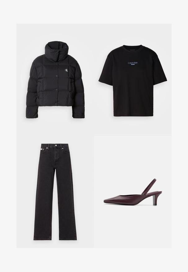 Čierna puff jacket s krátkym strihom, vysokým golierom a zapínaním na gombíky. Vyrobená z lesklého, izolačného materiálu so prešívanými sekciami.; Čierne bavlnené tričko s okrúhlym výstrihom, krátkymi rukávmi a modrým vyšívaným logom "Calvin Klein JEANS" na prednej strane.; Čierne široké džínsy vyrobené z denimu, s vysokým pásom, piatimi vreckami a kovovým zapínaním s kontrastným šitím.; Burgundské kožené sandále na podpätku s špicatou špičkou a štíhlym, priesvitným podpätkom. Hladká textúra s minimálnymi detailmi.