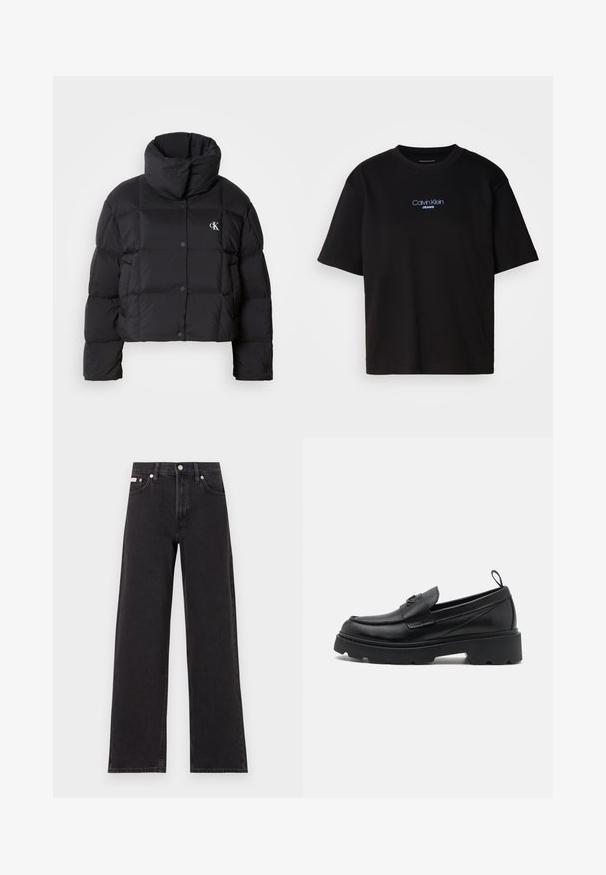 Μαύρο φουσκωτό μπουφάν με cropped σχέδιο, ψηλό γιακά και κούμπωμα με κουμπιά. Κατασκευασμένο από γυαλιστερό, επενδεδυμένο υλικό με ραμμένα τμήματα.; Μαύρο βαμβακερό t-shirt με στρογγυλή λαιμόκοψη, κοντά μανίκια και μπλε κεντημένο λογότυπο "Calvin Klein JEANS" στην μπροστινή πλευρά.; Μαύρο τζιν παντελόνι φαρδιάς γραμμής από τζιν, με ψηλή μέση, πέντε τσέπες και κούμπωμα με μεταλλικό κουμπί, καθώς και αντίθετη ραφή.; Μαύρες δερμάτινες μοκασίνες με στρογγυλή μύτη, χοντρή πλατφόρμα και διακοσμητική ζώνη μπροστά. Υφή στη λεπτομέρεια του άνω μέρους.