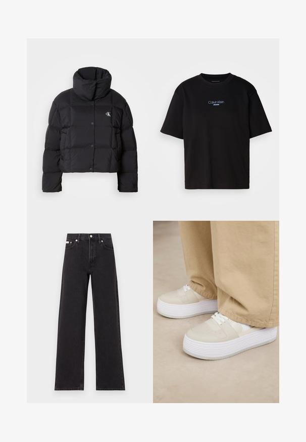 Black puffer jacket with a cropped design, high collar, and button closure. Made from glossy, insulated material featuring quilted sections.; Black cotton t-shirt with a round neck, short sleeves, and blue embroidered "Calvin Klein JEANS" logo on the front.; Black wide-leg jeans made of denim, featuring a high-rise waist, five-pocket styling, and a metal button closure with contrasting stitching.; Platform sneakers with a beige synthetic upper, white sole, and lace-up design. Features perforations and textured accents on the sides.