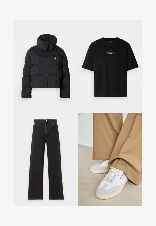 Black puffer jacket with a cropped design, high collar, and button closure. Made from glossy, insulated material featuring quilted sections.; Black cotton t-shirt with a round neck, short sleeves, and blue embroidered "Calvin Klein JEANS" logo on the front.; Black wide-leg jeans made of denim, featuring a high-rise waist, five-pocket styling, and a metal button closure with contrasting stitching.; White sneakers with suede accents, textured laces, and a rubber sole. Paired with loose tan trousers. Logo displayed on the side.
