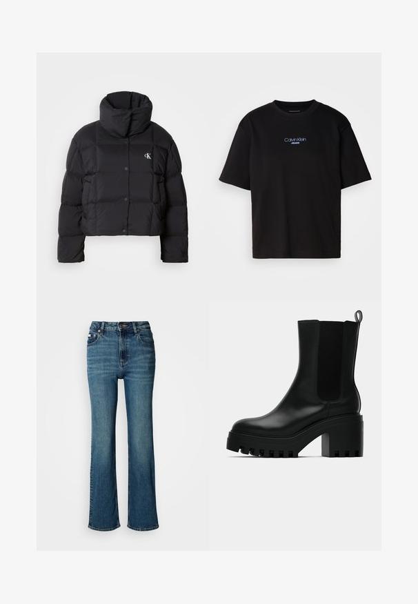 Mustat toppatakki, jossa on lyhyt malli, korkea kaulus ja nappikiinnitys. Valmistettu kiiltävästä, eristävästä materiaalista, jossa on tikatut osat.; Musta puuvillainen t-paita, jossa on pyöreä kaula-aukko, lyhyet hihat ja sininen brodeerattu "Calvin Klein JEANS" -logo edessä.; Korkeavyötäröiset siniset farkut, jotka on valmistettu denimistä, ja joissa on suora lahje, hienovarainen haalistuminen sekä tavallinen nappi- ja vetoketjusuljenta.; Mustat nahkasaappaat nilkkamittaisella, pyöreällä kärjellä, paksulla pohjalla ja verkkokankaiset sivuosat. Varustettu vetonauhalla, joka helpottaa pukemista.