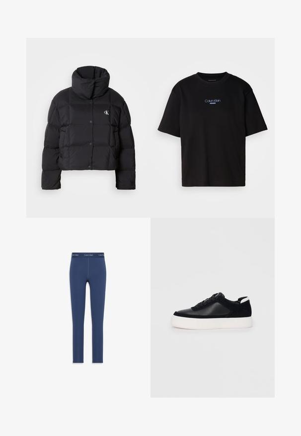 Crna puffer jakna s krojenjem na visini struka, visokim ovratnikom i kopčanjem na dugmad. Izrađena od sjajnog, izoliranog materijala s četvrtastim sekcijama.; Crna pamučna majica s okruglim izrezom, kratkim rukavima i plavim izvezenim logom "Calvin Klein JEANS" na prednjoj strani.; Mornarice plave tajice izrađene od rastezljivog materijala, s glatkom teksturom i elastičnom trakom u struku na kojoj je otisnut logo Calvin Klein.; Crne tenisice s glatkom kožom i panelima od antilopa, ravne vezice, zaobljenim vrhom i bijelim gumeni potplat. Izraziti logo na peti.