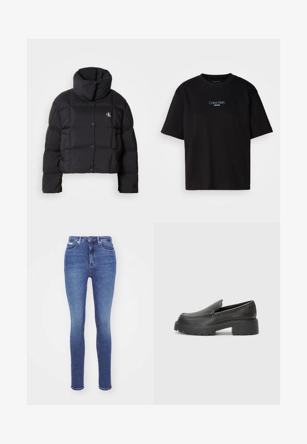 Casaco puffer preto com um design cropped, gola alta e fecho de botão. Feito de material brilhante e isolante, apresentando seções acolchoadas.; T-shirt preta de algodão com gola redonda, mangas curtas e logo bordado azul "Calvin Klein JEANS" na parte da frente.; Jeans skinny em denim azul lavagem média. Apresenta uma cintura alta, design clássico de cinco bolsos e fecho de botão metálico na cintura.; Mocassins de couro preto com bico arredondado, sola espessa e texturizada, e detalhes de costura minimalistas. Design elegante sem atacadores ou ferragens visíveis.