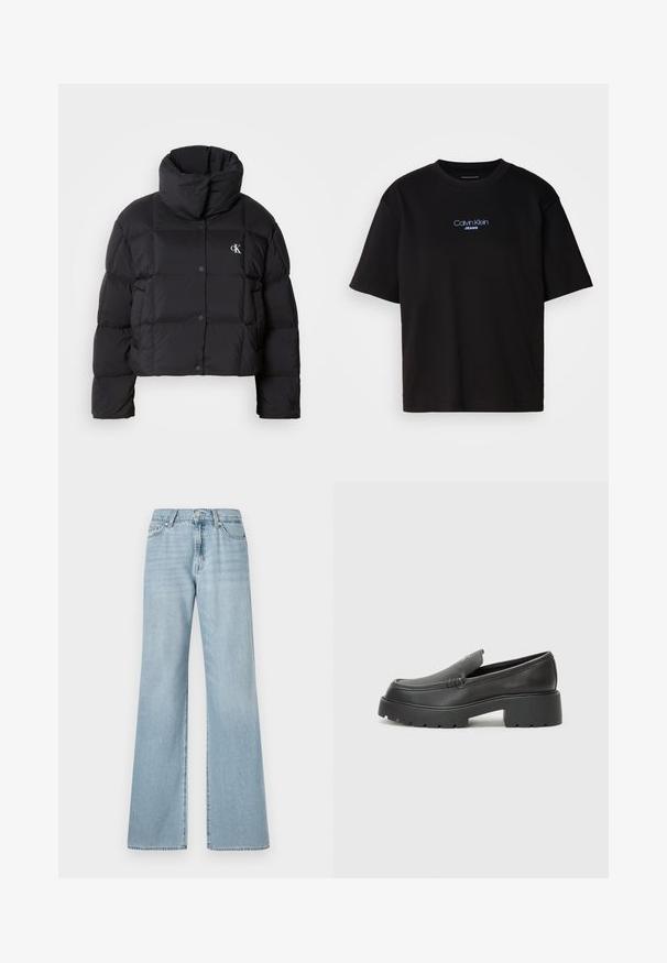 Casaco puffer preto com um design cropped, gola alta e fecho de botão. Feito de material brilhante e isolante, apresentando seções acolchoadas.; T-shirt preta de algodão com gola redonda, mangas curtas e logo bordado azul "Calvin Klein JEANS" na parte da frente.; Jeans de denim azul claro com pernas largas, apresentando uma cintura alta, bolsos frontais e um desbotado sutil por todo o tecido.; Mocassins de couro preto com bico arredondado, sola espessa e texturizada, e detalhes de costura minimalistas. Design elegante sem atacadores ou ferragens visíveis.