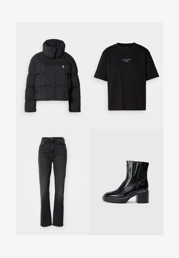 Must zwart puffer jope, mille disainiga, kõrge kaelusega ja nööpidega kinni. Valmistatud läikivast, soojust liikuvast materjalist, millel on äraotatud sektsioonid.; Mustmust särk ümmarguse kaelusega, lühikeste varrukatega ja sinise tikandiga "Calvin Klein JEANS" logo ees.; Kõrge vöökohaga mustad denimid, sirgete jalgadega, viie tasku disainiga, ees nupu kinnitusega ja minimaalsete õmbluste detailidega.; Mustmustest must paeltega särkide, millel on kõver varvas, elastsed külgpaneelid ja jäme plokkpealse. Tagaküljel on reljeefne logo.