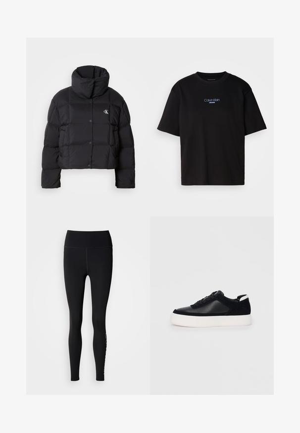Casaco puffer preto com um design cropped, gola alta e fecho de botão. Feito de material brilhante e isolante, apresentando seções acolchoadas.; T-shirt preta de algodão com gola redonda, mangas curtas e logo bordado azul "Calvin Klein JEANS" na parte da frente.; Leggings pretos com uma cintura alta, textura suave, design até ao tornozelo e um logo branco em destaque na parte inferior da perna esquerda.; Sapatilha preta com painéis de pele lisa e camurça, atacadores planos, bico arredondado e sola de borracha branca. Logótipo distinto no calcanhar.