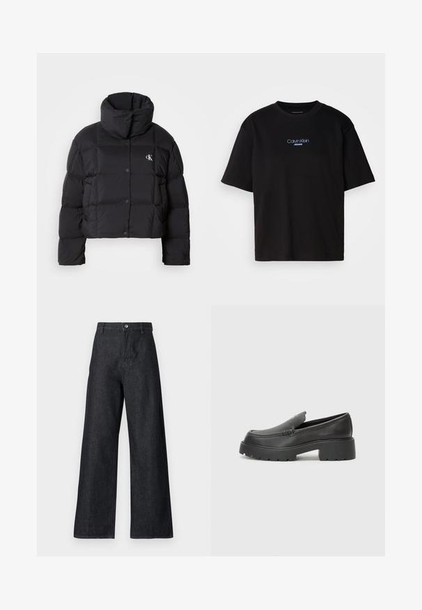 Must zwart puffer jope, mille disainiga, kõrge kaelusega ja nööpidega kinni. Valmistatud läikivast, soojust liikuvast materjalist, millel on äraotatud sektsioonid.; Mustmust särk ümmarguse kaelusega, lühikeste varrukatega ja sinise tikandiga "Calvin Klein JEANS" logo ees.; Tumedad laiad teksapüksid tumesinises värvitoonis. Omavad kõrge vöökohta, lukuga ja nööbiga sulgemist ning sileda tekstuuri koos minimaalsete tikkimisdetailidega.; Mustad nahast loafers ümarate varvastega, paksu tekstuuriga tald ja minimaalsete õmbluse detailidega. Viimistletud disain, kus pole nähtavaid paelu ega riistu.