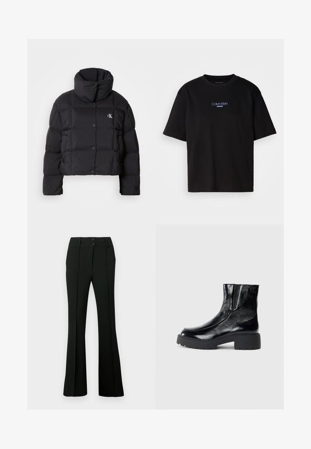 Chaqueta de plumas negra con un diseño corto, cuello alto y cierre de botones. Fabricada con material brillante e insulated que presenta secciones acolchadas.; Camiseta de algodón negra con cuello redondo, manga corta y el logotipo azul bordado de "Calvin Klein JEANS" en el frente.; Pantalones negros acampanados que presentan una tela suave, cinturilla alta con dos botones y pliegues delanteros, proporcionando una apariencia entallada.; Botines negros con acabado de charol brillante, suela de goma negra gruesa y tacón elevado; incluye un sutil detalle del logo en el lateral.