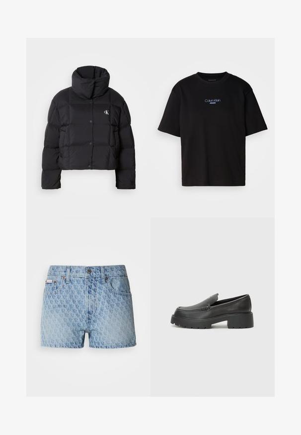 Črn napihnjen jakna s skrajšanim dizajnom, visokim ovratnikom in gumbnim zapiranjem. Narejena iz sijajnega, toplega materiala z oblečenimi odseki.; Črna bombažna majica s krožnim izrezom, kratkimi rokavi in modrim vezenim logotipom "Calvin Klein JEANS" na sprednji strani.; Denim kratke hlače v svetlo modri barvi z teksturiranim, ponavljajočim se vzorcem. Imajo gumbasto zapiranje in rdečo blagovno oznako na levem žepu.; Črne usnjene loafers čevlje z zaobljenim nosom, debelim teksturiranim podplatom in minimalnimi šivi. Elegantna zasnova brez vidnih vezalk ali kovinskih delov.