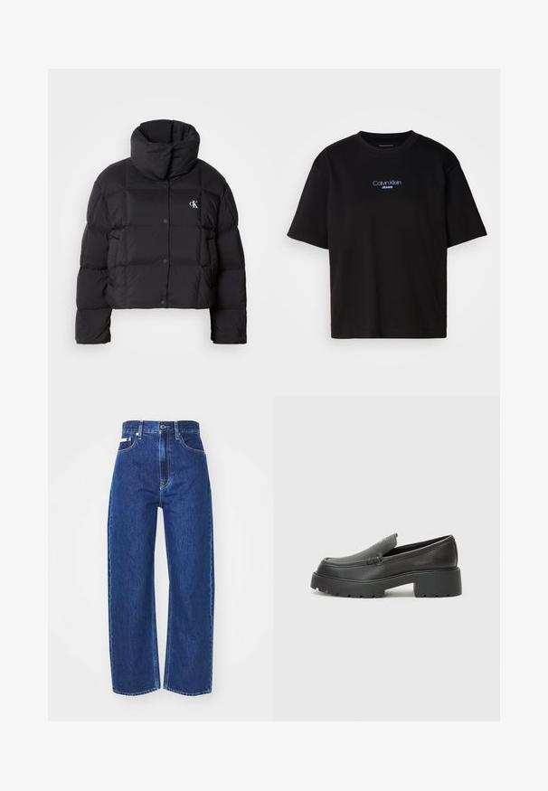 Crna puffer jakna s krojenjem na visini struka, visokim ovratnikom i kopčanjem na dugmad. Izrađena od sjajnog, izoliranog materijala s četvrtastim sekcijama.; Crna pamučna majica s okruglim izrezom, kratkim rukavima i plavim izvezenim logom "Calvin Klein JEANS" na prednjoj strani.; Traperice tamnoplave boje sa ravnim nogavicama, visokim strukom, prednjim džepovima i metalnim kopčanjem. Tekstilna tkanina s vidljivim šavovima.; Crne kožne loaferice s zaobljenim vrhom, debelim teksturiranim potplatom i minimalnim detaljima šivanja. Elegantna izrada bez vidljivih vezica ili metalnih elemenata.