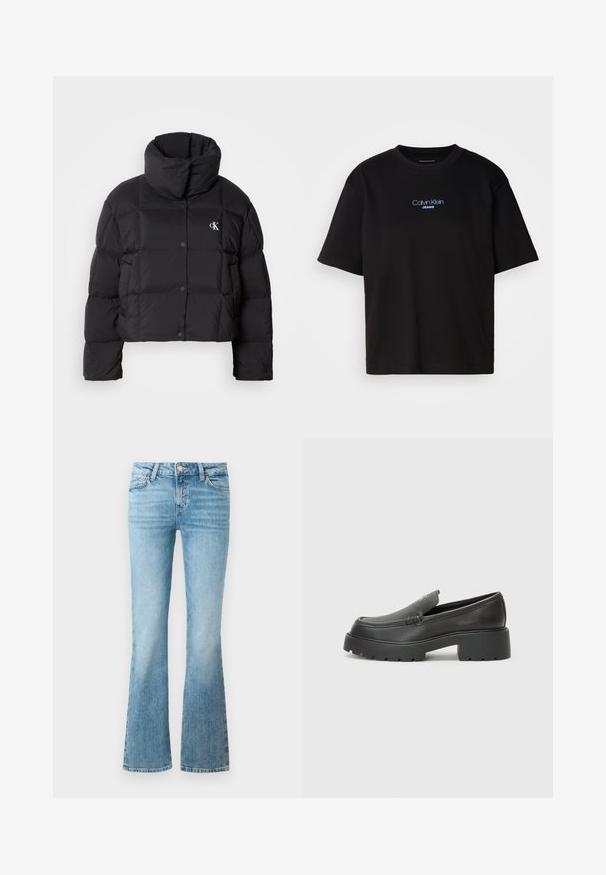 Black puffer jacket with a cropped design, high collar, and button closure. Made from glossy, insulated material featuring quilted sections.; Black cotton t-shirt with a round neck, short sleeves, and blue embroidered "Calvin Klein JEANS" logo on the front.; Light blue denim flare jeans with front pockets, belt loops, and a button closure.; Black leather loafers with a rounded toe, thick textured sole, and minimal stitching details. Sleek design with no visible laces or hardware.