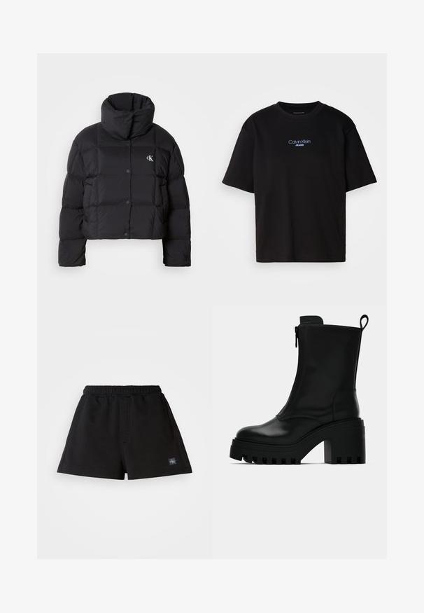 Mustat toppatakki, jossa on lyhyt malli, korkea kaulus ja nappikiinnitys. Valmistettu kiiltävästä, eristävästä materiaalista, jossa on tikatut osat.; Musta puuvillainen t-paita, jossa on pyöreä kaula-aukko, lyhyet hihat ja sininen brodeerattu "Calvin Klein JEANS" -logo edessä.; Mustat lyhyet housut, jotka on valmistettu pehmeästä kankaasta. Niissä on joustava vyötärö, suora leikkaus ja pieni logo-merkki vasemmassa alareunassa.; Musta nahkasaapas nilkkamalli, jossa on paksu karkea pohja, tukevat korko, sivuvetoketju ja vetonauha takana, yksivärisellä valkoisella taustalla.