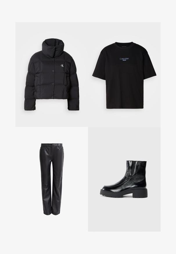 Casaco puffer preto com um design cropped, gola alta e fecho de botão. Feito de material brilhante e isolante, apresentando seções acolchoadas.; T-shirt preta de algodão com gola redonda, mangas curtas e logo bordado azul "Calvin Klein JEANS" na parte da frente.; Calças de couro pretas com um corte reto, apresentando bolsos frontais e uma textura lisa e brilhante. Equipadas com fecho de botão e zíper.; Botas de tornozelo pretas com acabamento em pele envernizada brilhante, sola de borracha preta robusta e salto elevado; inclui um detalhe discreto do logótipo na lateral.