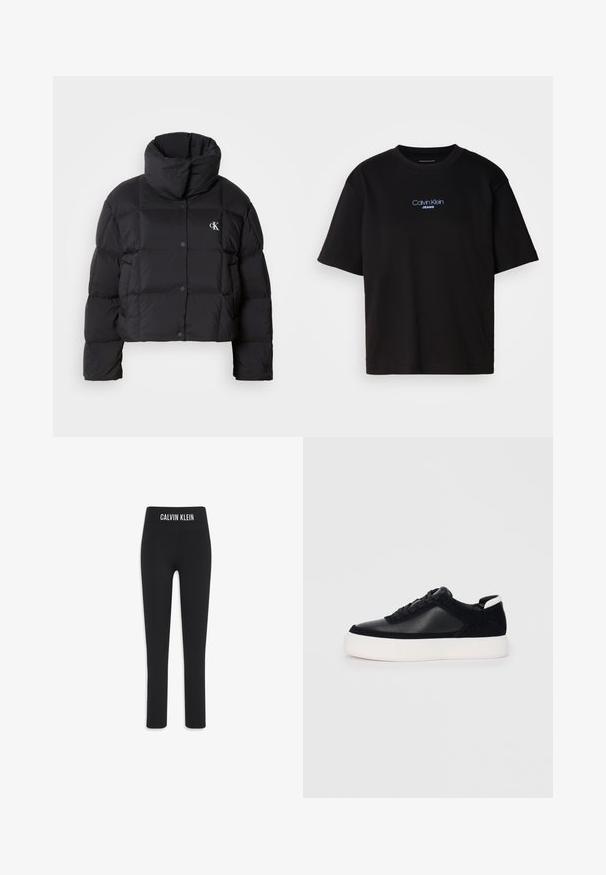 Jachetă puffer neagră cu un design scurt, guler înalt și închidere cu buton. Fabricată dintr-un material lucios și izolat, cu secțiuni matlasate.; Tricou din bumbac negru cu guler rotund, mâneci scurte și logo-ul brodat în albastru "Calvin Klein JEANS" pe față.; Leggings negre din material elastic, cu o talie lată pe care este înscris logo-ul "CALVIN KLEIN", croială slim fit și lungime până la gleznă.; Sneaker negru cu piele netedă și panouri din întăritură, șireturi plate, vârf rotund și talpă din cauciuc alb. Logo distinct pe călcâi.