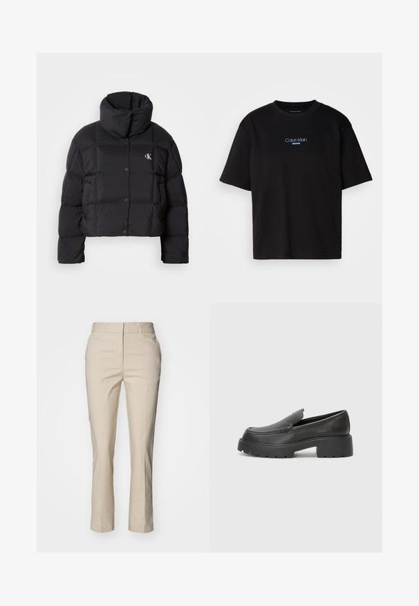 Black puffer jacket with a cropped design, high collar, and button closure. Made from glossy, insulated material featuring quilted sections.; Black cotton t-shirt with a round neck, short sleeves, and blue embroidered "Calvin Klein JEANS" logo on the front.; GANT SLIM SLACK - Chinos - soft oat; Black leather loafers with a rounded toe, thick textured sole, and minimal stitching details. Sleek design with no visible laces or hardware.