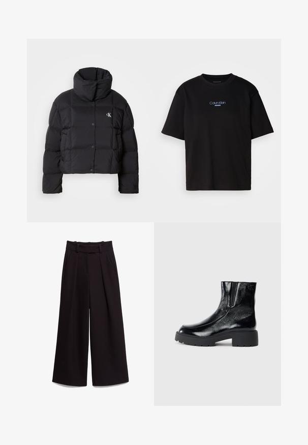Svart pufferjakke med en cropped design, høy krage og knappelukking. Laget av glossy, isolert materiale med kviltede seksjoner.; Sort bomull t-skjorte med rund hals, korte ermer, og blå brodert "Calvin Klein JEANS" logo på forsiden.; Svarte vid bukser laget av glatt stoff, med høy midje, beltehemper og to frontlommer. Plisse design gir tekstur.; Svarte ankelstøvler med en blank lakkfinish, kraftig svart gummisåle og hevet hæl; inkluderer subtile logo-detaljer på siden.