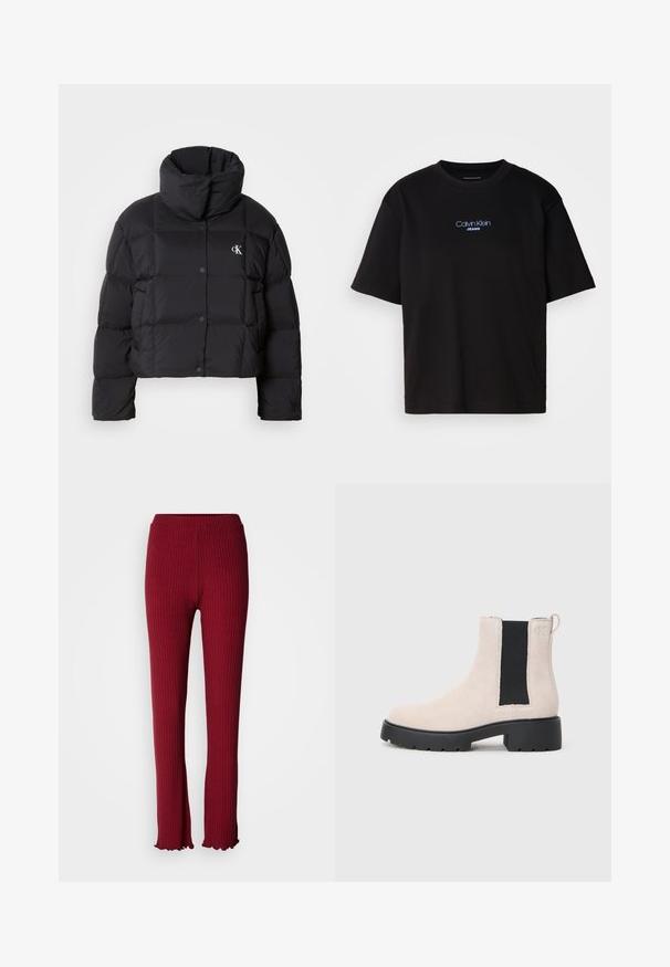 Jachetă puffer neagră cu un design scurt, guler înalt și închidere cu buton. Fabricată dintr-un material lucios și izolat, cu secțiuni matlasate.; Tricou din bumbac negru cu guler rotund, mâneci scurte și logo-ul brodat în albastru "Calvin Klein JEANS" pe față.; Colanți roșii cu dungi, având un design mulat, textură moale, tiv evazat și o talie elastică pentru confort.; Botine Chelsea din suede bej, cu panou elastic lateral negru, talpă groasă neagră și tab de prindere la gleznă.