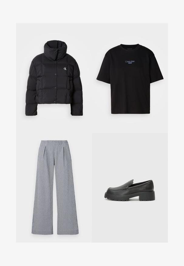 Black puffer jacket with a cropped design, high collar, and button closure. Made from glossy, insulated material featuring quilted sections.; Black cotton t-shirt with a round neck, short sleeves, and blue embroidered "Calvin Klein JEANS" logo on the front.; Wide-leg trousers in Navy and white striped fabric. Features an elastic waistband and two front pleats for added detail.; Black leather loafers with a rounded toe, thick textured sole, and minimal stitching details. Sleek design with no visible laces or hardware.