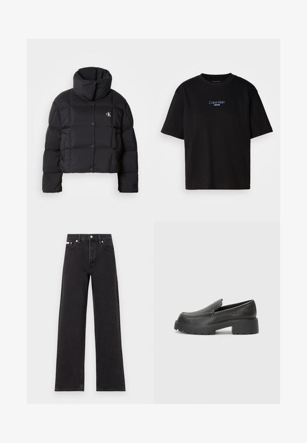 Casaco puffer preto com um design cropped, gola alta e fecho de botão. Feito de material brilhante e isolante, apresentando seções acolchoadas.; T-shirt preta de algodão com gola redonda, mangas curtas e logo bordado azul "Calvin Klein JEANS" na parte da frente.; Jeans de perna larga pretos feitos de denim, apresentando uma cintura alta, estilo de cinco bolsos e um fecho em botão de metal com costura contrastante.; Mocassins de couro preto com bico arredondado, sola espessa e texturizada, e detalhes de costura minimalistas. Design elegante sem atacadores ou ferragens visíveis.